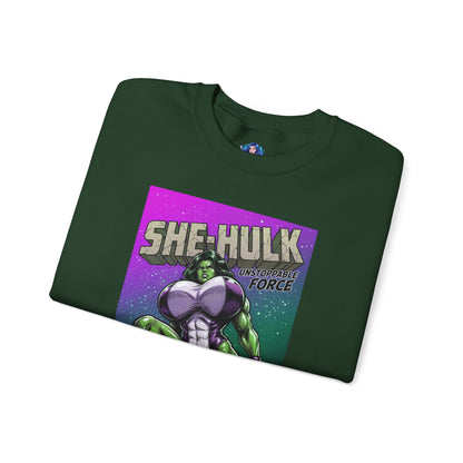 She-Hulk Sweatshirt, Comic Character Art, Premium Fan Apparel – folded green crewneck with vivid She-Hulk illustration and bold retro lettering