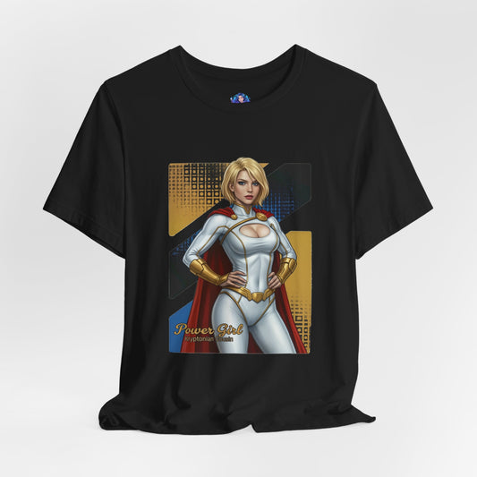 Power Girl T-Shirt | DC Comics Anime Tee for Gamers & Hero Fans featuring anime-style Power Girl on Bella Canvas 3001 black tee