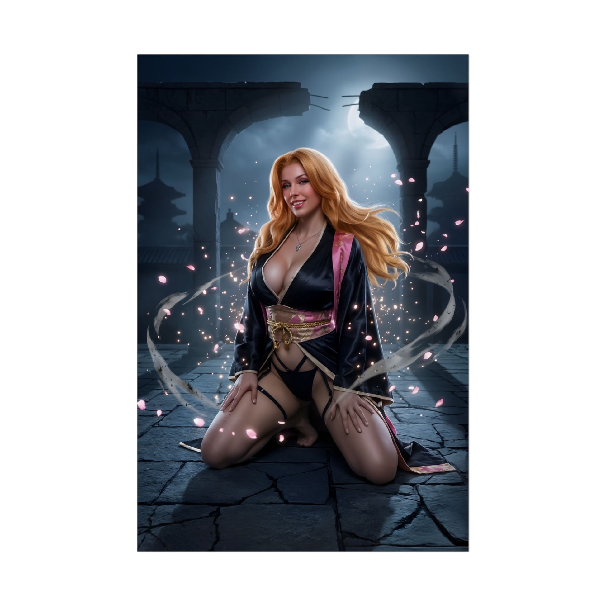 Rangiku Matsumoto Poster / Rangiku Matsumoto Wall Art / Rangiku Matsumoto Art Print / Bleach Poster - serene night portrait with flowing hair and sakura petals