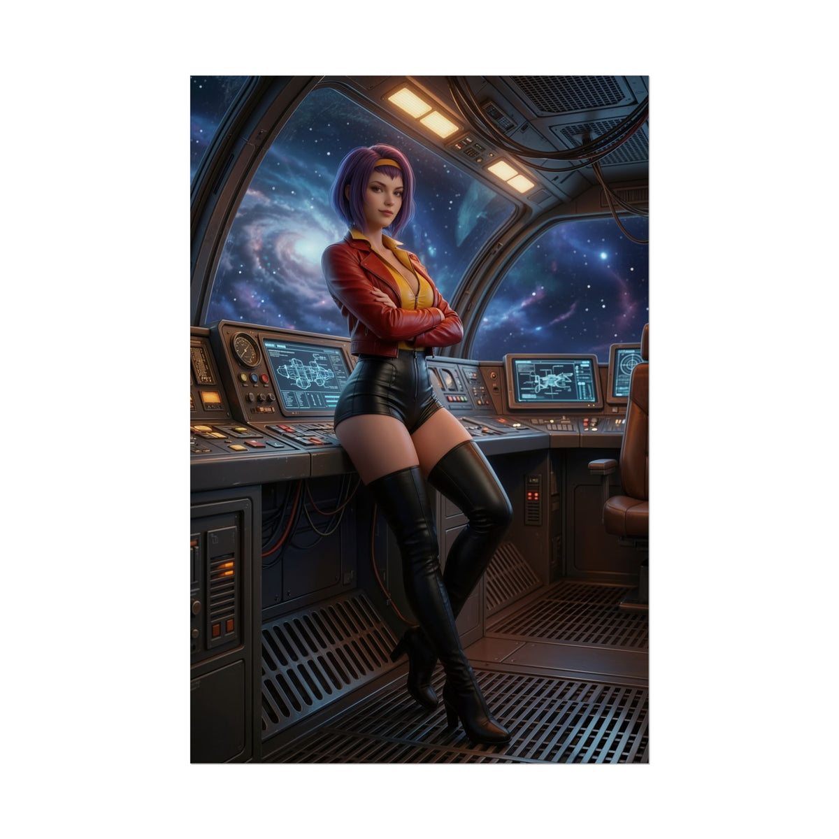 Faye Valentine Poster, Cowboy Bebop Wall Art Print  Anime Decor showing Faye in a spaceship bridge, premium anime wall art for gamers and collectors