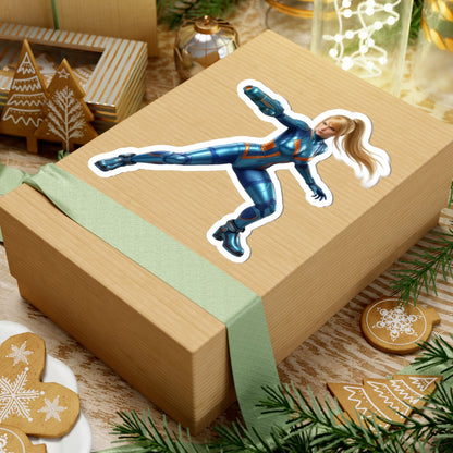 Samus Aran Sticker – Futuristic Game Vinyl Sticker for Laptops & Indoor Decor on a gift box, glossy vibrant vinyl, bubble-free application