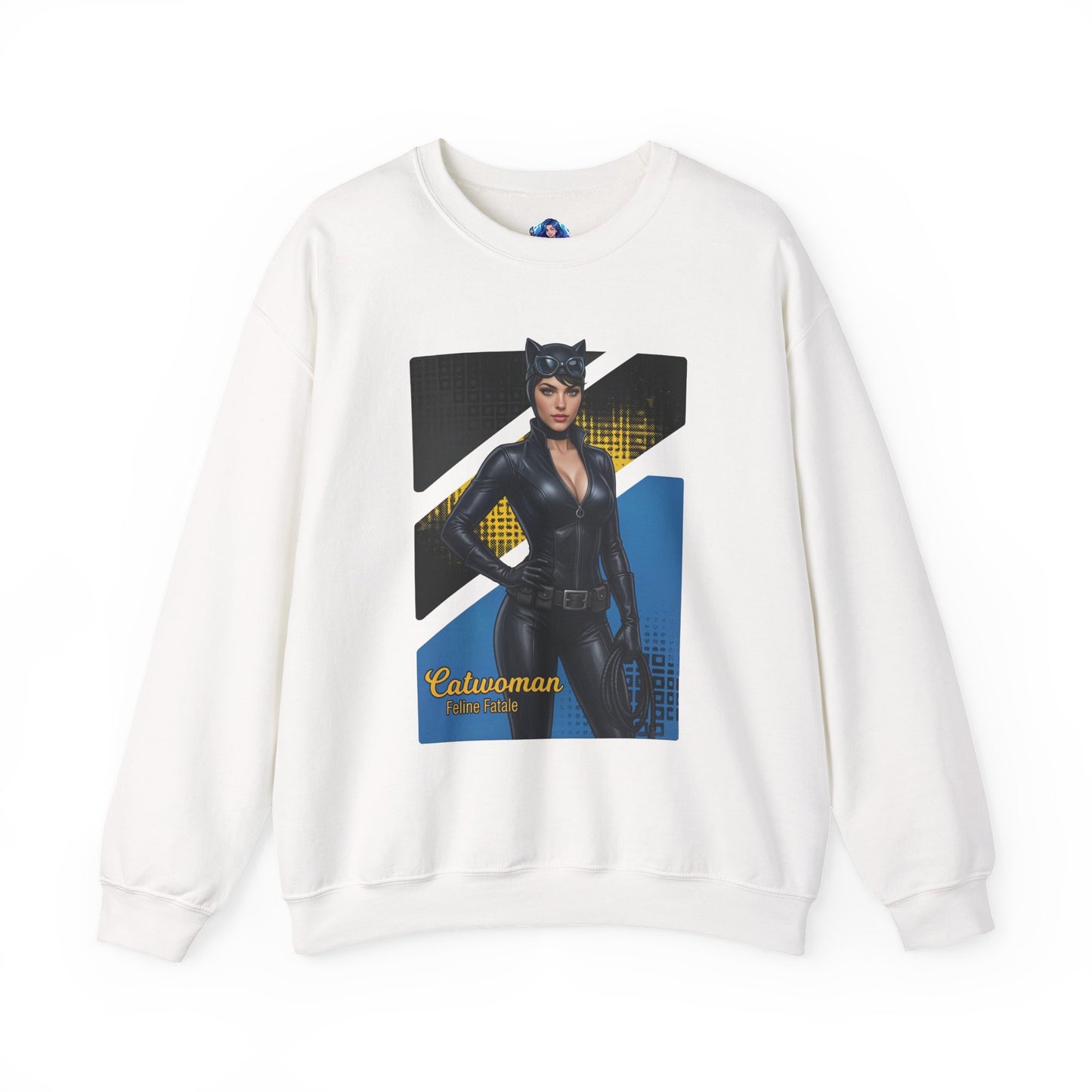 Catwoman Sweatshirt, DC Comics Crewneck, Sleek Superhero Apparel for Fans — white crewneck featuring Catwoman graphic and sleek black costume