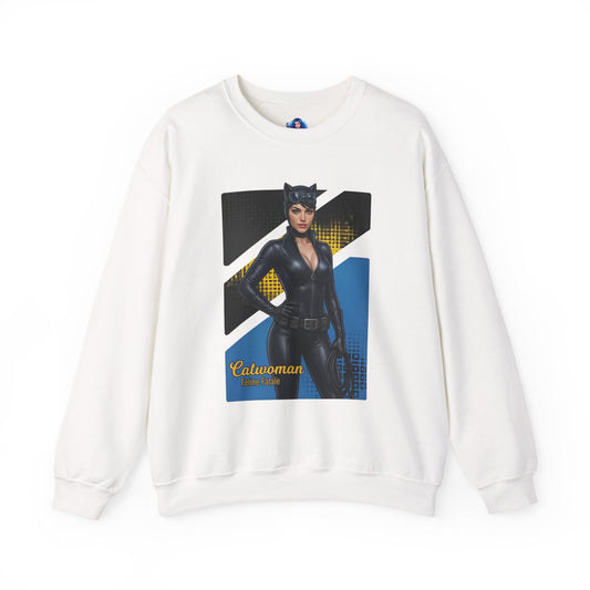Catwoman Sweatshirt, DC Comics Crewneck, Sleek Superhero Apparel for Fans — white crewneck featuring Catwoman graphic and sleek black costume