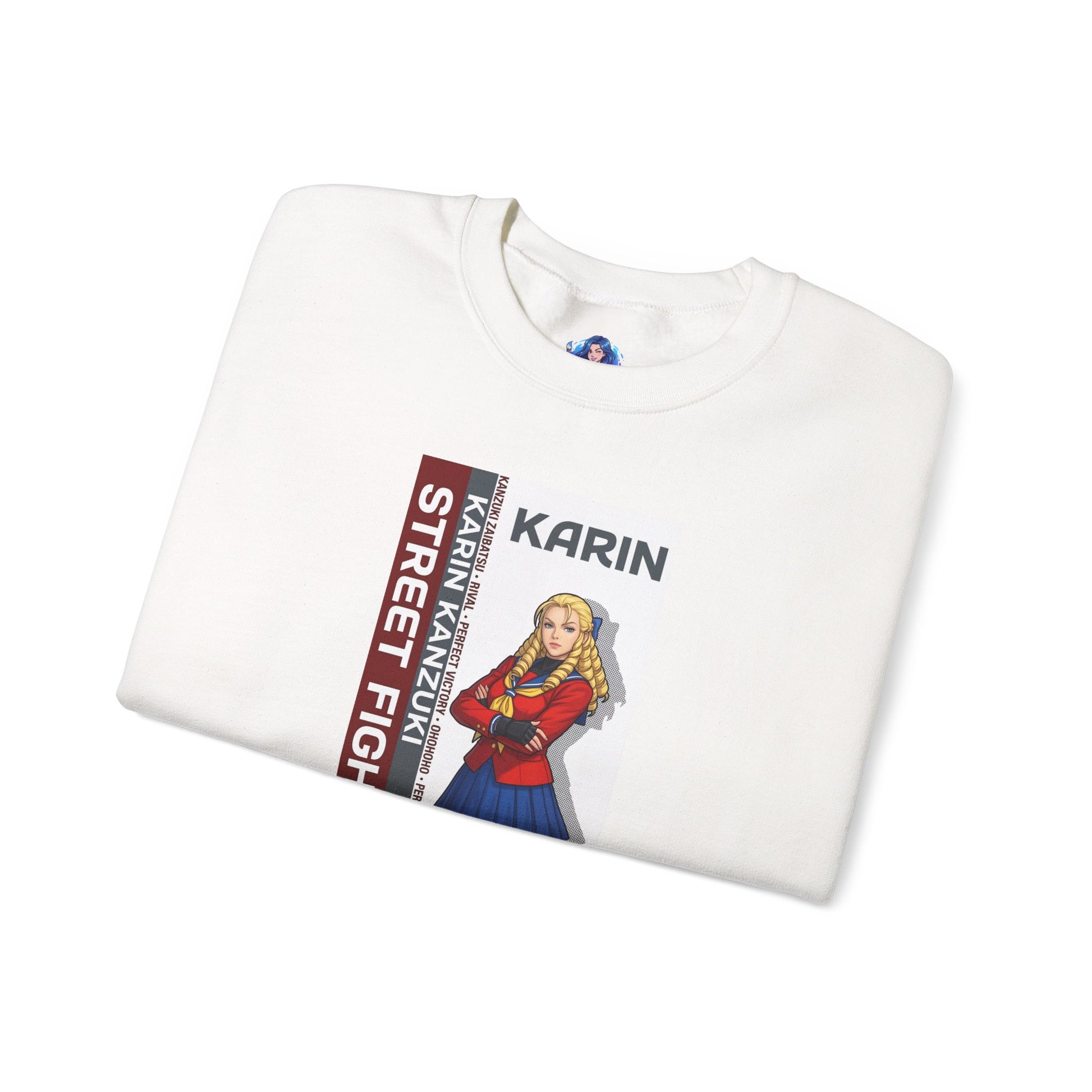 Karin Sweatshirt, Street Fighter Crewneck, Elegant Fighting Game Apparel for Fans featuring folded white crewneck with Karin illustration and logo