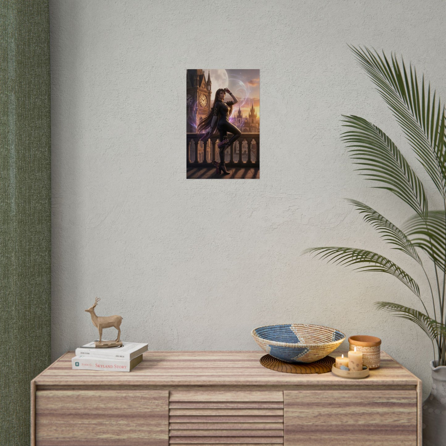 Bayonetta Poster – Iconic Action Witch Heroine Wall Art for Gamer Decor showing stylish heroine on balcony, vivid high-resolution gamer room wall art