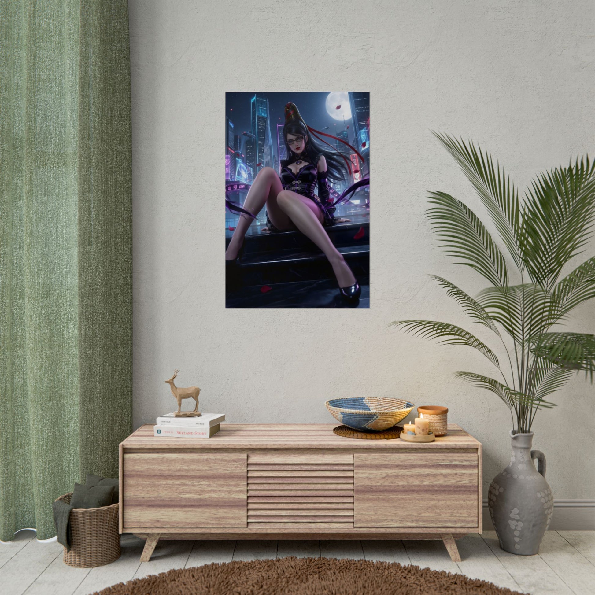 Bayonetta Poster / Bayonetta Wall Art / Bayonetta Art Print / Bayonetta Game Poster - seductive moonlit Bayonetta sitting on rooftop in dark fantasy style