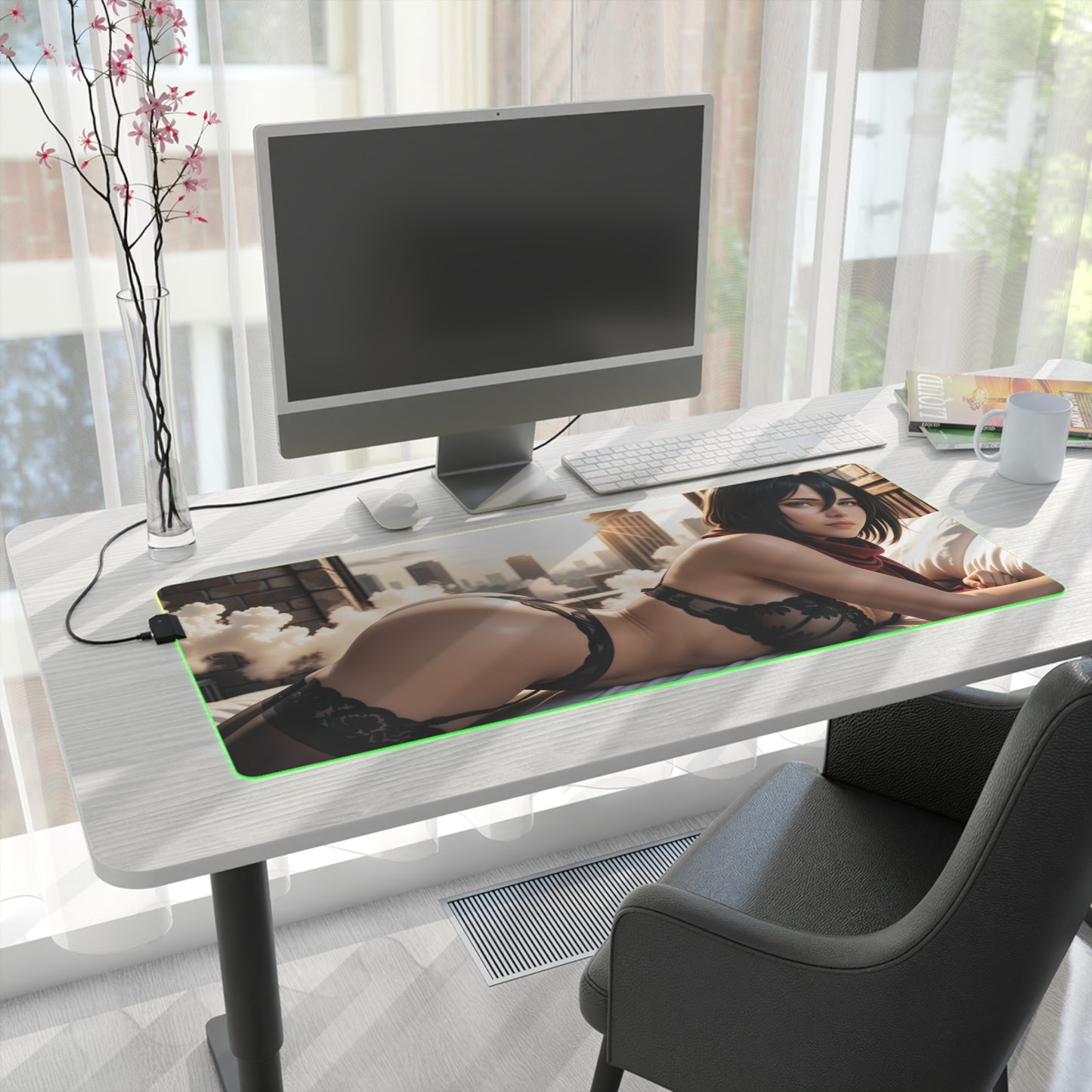 Mikasa Ackerman Desk Mat – LED RGB Pad, Protective Waifu Girl Setup