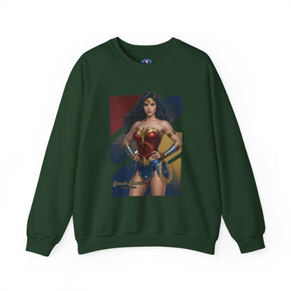 Wonder Woman Sweatshirt, DC Comics Crewneck, Legendary Superhero Apparel for Fans – green crewneck with iconic armor artwork and cozy fit