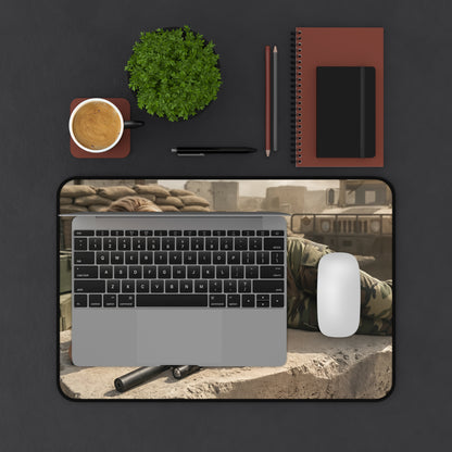 Sonya Blade Gaming Mouse Pad, Mortal Kombat Desk Mat, Special Forces Fighter Setup showing tactical combat artwork on desk with laptop and mouse