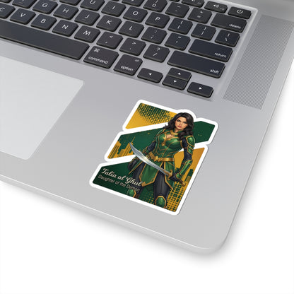 Talia al Ghul Sticker – Comic Villain Vinyl Sticker for Laptops & Indoor Decor showing glossy vinyl laptop sticker of Talia al Ghul in green armor with sword