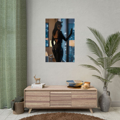 Catwoman Poster, DC Comics Art Print – Classic Comic Book Wall Decor featuring sleek Catwoman character in glossy suit displayed above modern sideboard