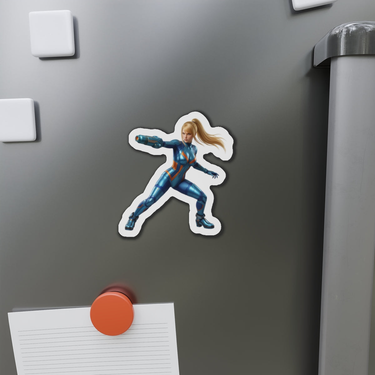 Samus Aran Magnet – Classic Sci-Fi Game Character Fridge Magnet, Decor featuring die-cut vinyl anime-style Samus in blue Zero Suit on fridge