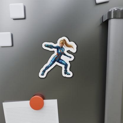 Samus Aran Magnet – Classic Sci-Fi Game Character Fridge Magnet, Decor featuring die-cut vinyl anime-style Samus in blue Zero Suit on fridge