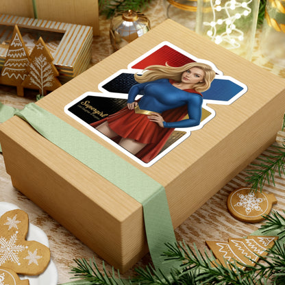 Supergirl Sticker – Superhero Vinyl Sticker for Laptops & Indoor Decor on holiday gift box showing glossy vinyl, vibrant colors, bubble-free application