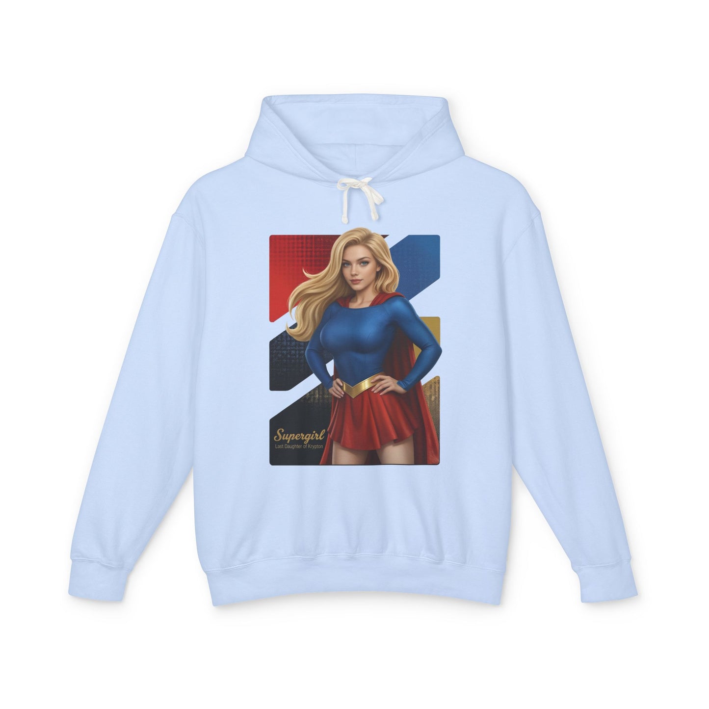 Supergirl Hoodie | DC Comics Hoodie | Anime Superheroine Pullover - light blue pullover with bold anime-style Supergirl graphic