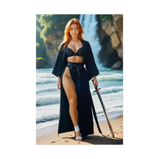 Tsunade Poster, Blonde Anime Girl Art Print, Waifu Healer Wall Decor — cinematic waifu healer by waterfall, blonde warrior with sword and confident pose