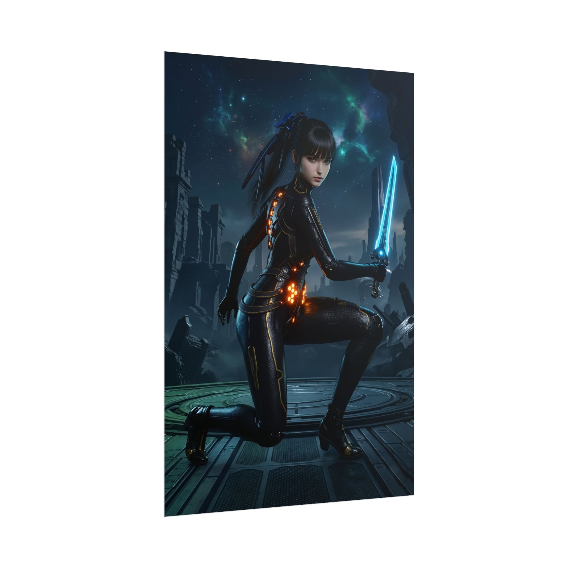 EVE Poster, Stellar Blade Art Print, Legendary Android Warrior kneeling with glowing sword in futuristic sci‑fi environment for gaming room décor