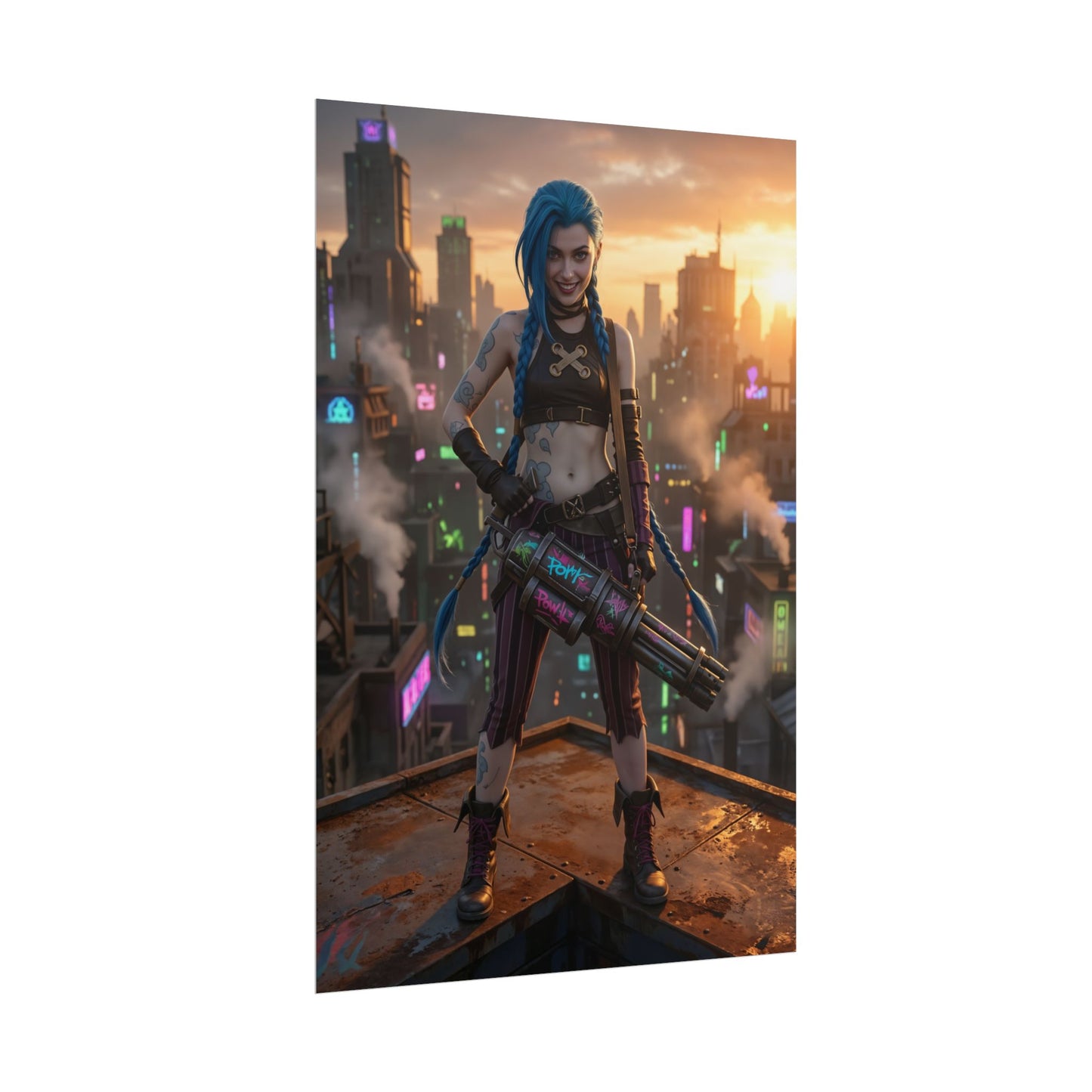 Jinx Poster, League of Legends Art Print, Iconic Chaotic Champion - dynamic Jinx artwork on rooftop with rocket launcher, neon city backdrop