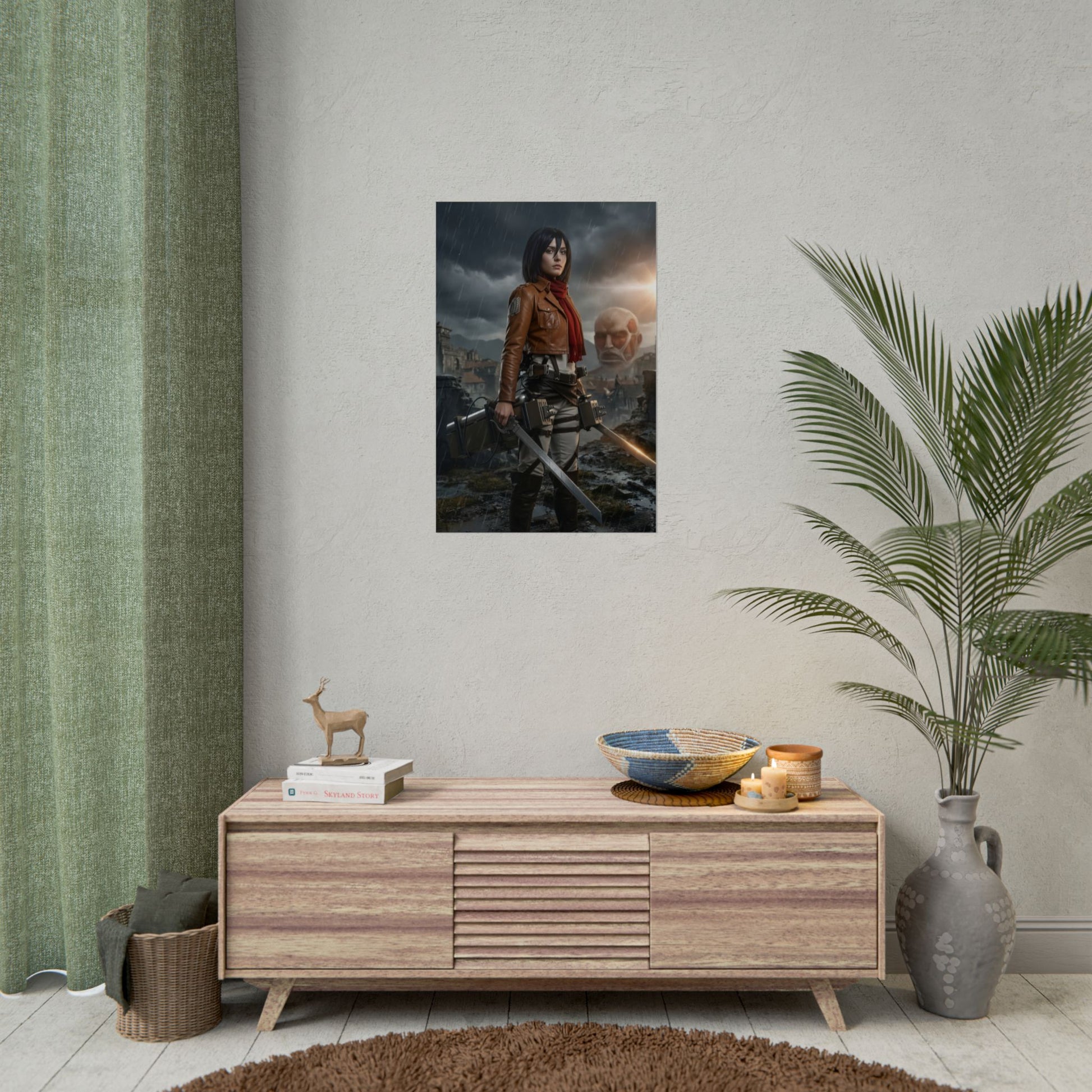 Mikasa Ackerman Poster, Attack on Titan Art Print – Iconic Anime Heroine on modern gaming room wall, bold centerpiece for fans
