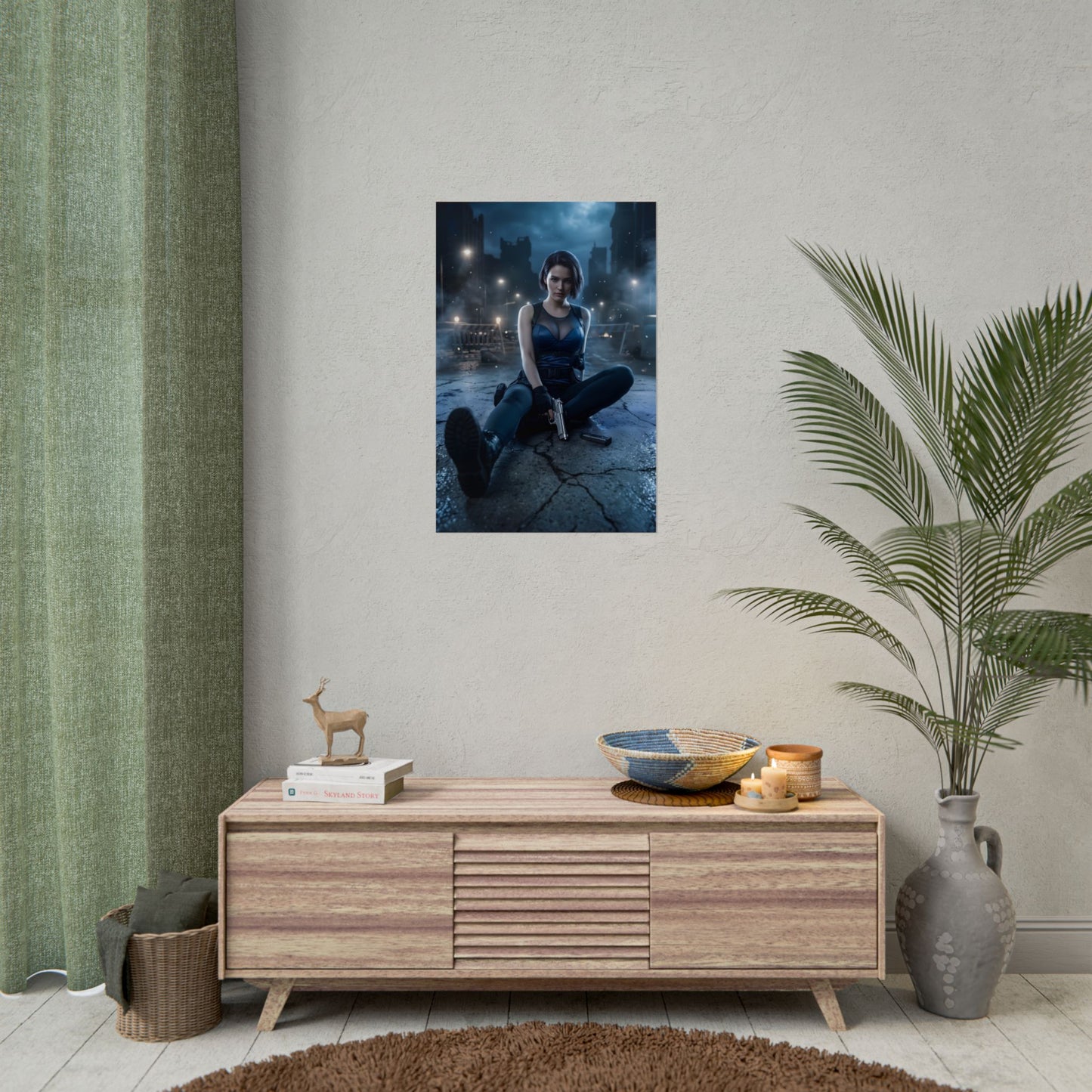 Alt Tag: Jill Valentine Poster / Jill Valentine Wall Art / Jill Valentine Art Print / Resident Evil Poster showing Jill in rain-soaked urban ruin at night, cinematic survival-horror mood