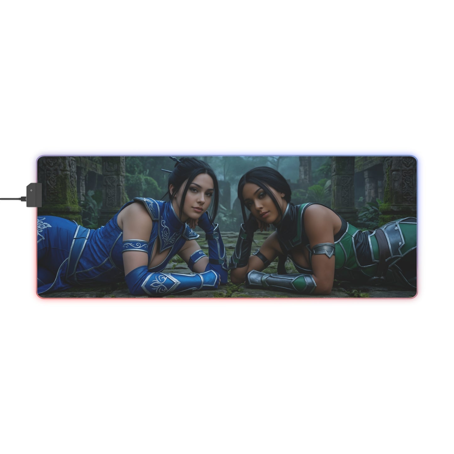 Kitana and Jade Desk Mat – LED RGB Pad, Waifu Fighter Setup showing two heroines lounging on a long LED gaming desk mat with forest backdrop