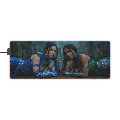 Kitana and Jade Desk Mat – LED RGB Pad, Waifu Fighter Setup showing two heroines lounging on a long LED gaming desk mat with forest backdrop
