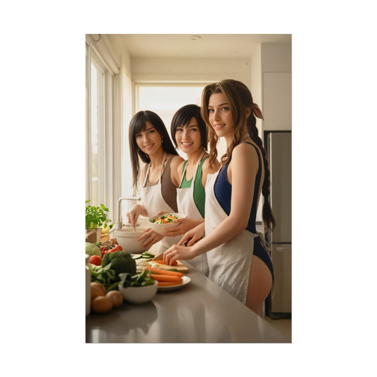 Tifa Aerith Yuffie Poster, Final Fantasy VII Art Print, Iconic RPG Trio showing three women in aprons prepping vegetables in a bright kitchen