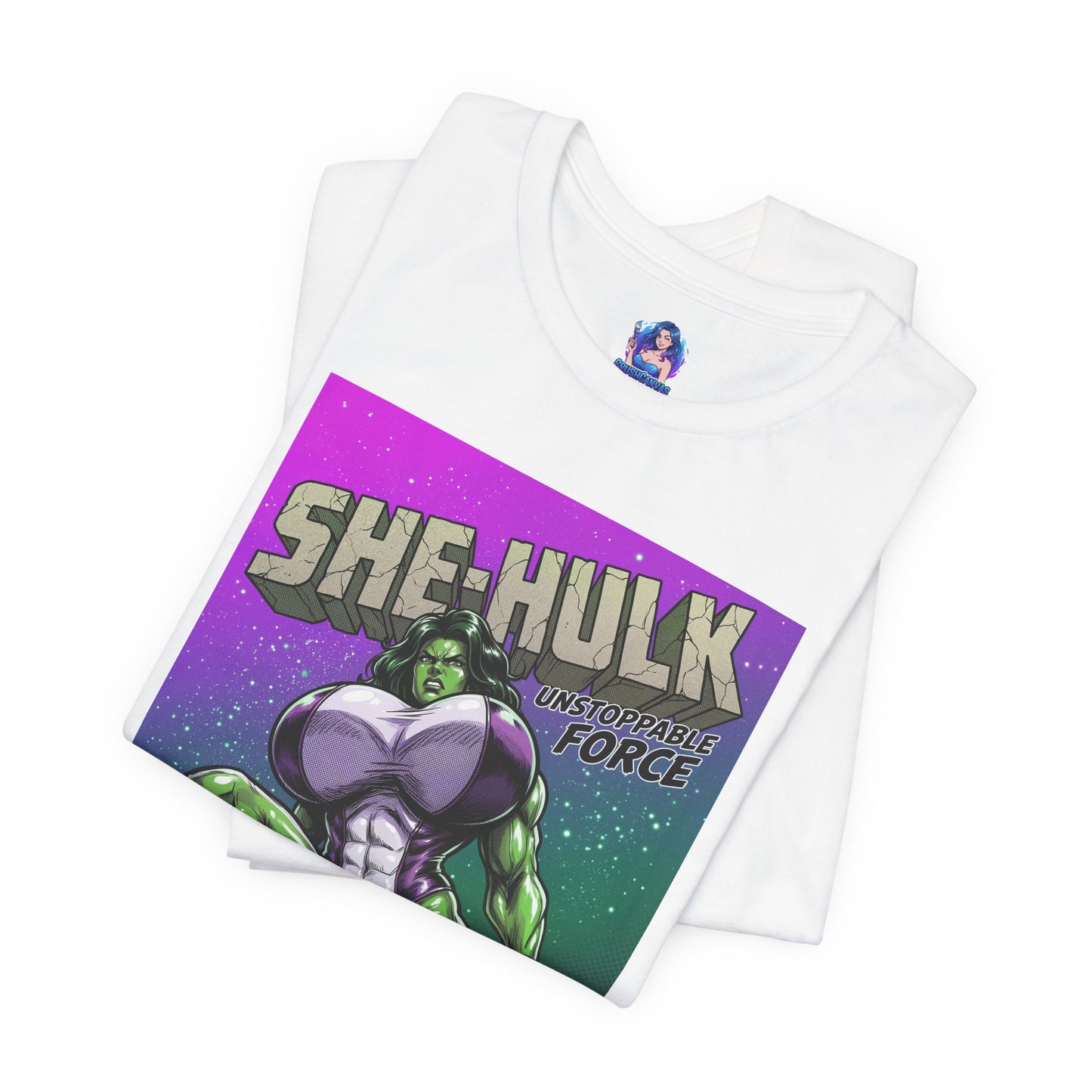 She-Hulk T-Shirt | Marvel Comic Heroine Anime Tee showing comic-style She-Hulk graphic on white Bella Canvas tee