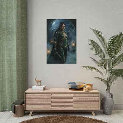 Talia al Ghul Poster, DC Comics Wall Art Print – Dark Hero Decor on modern media room wall showcasing dark superhero decor