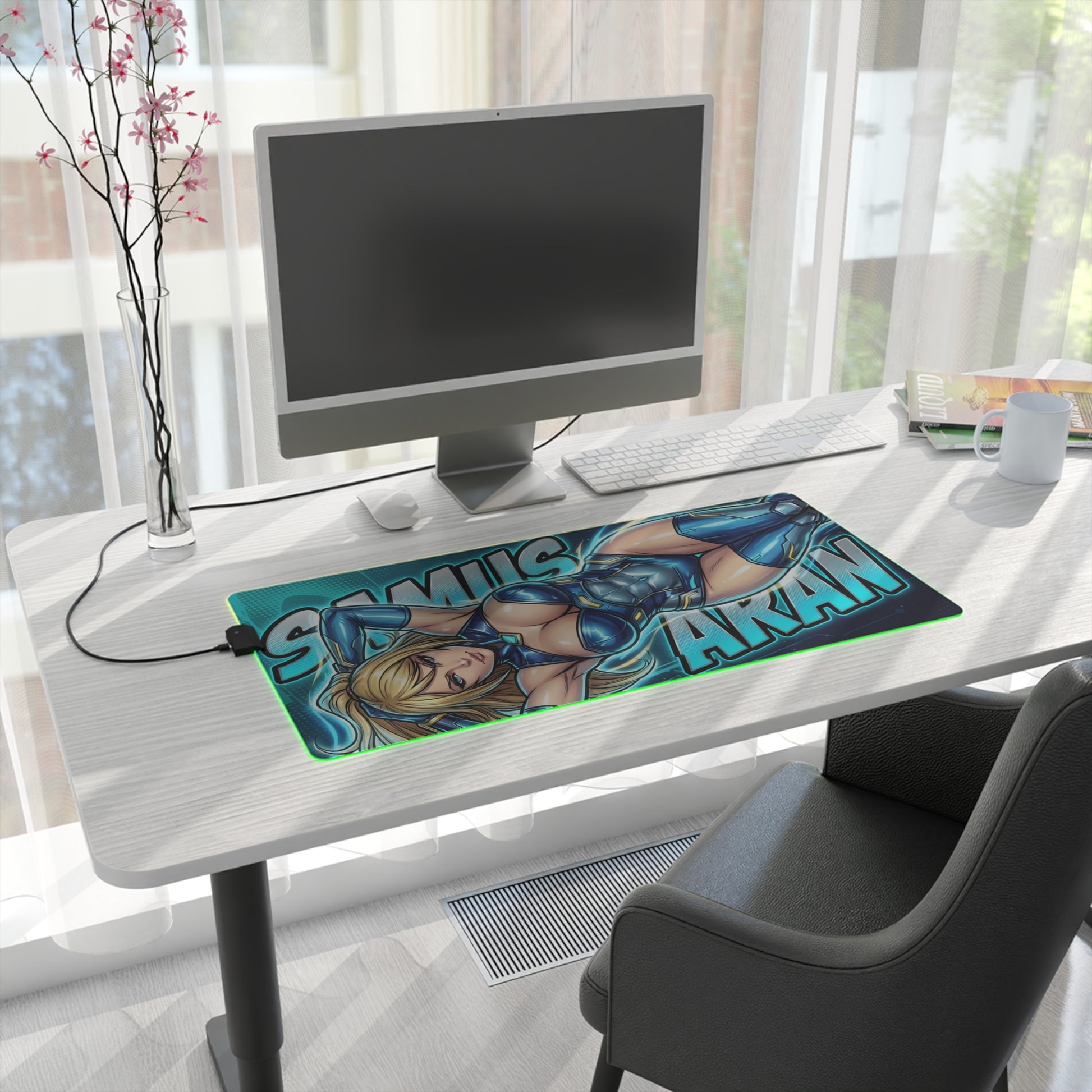 Samus Aran RGB Desk Mat, Sci-Fi Action Gaming Mouse Pad, LED Desk Mat for Gamer Setup on modern desk with blue-toned armored Samus artwork and RGB edge lighting
