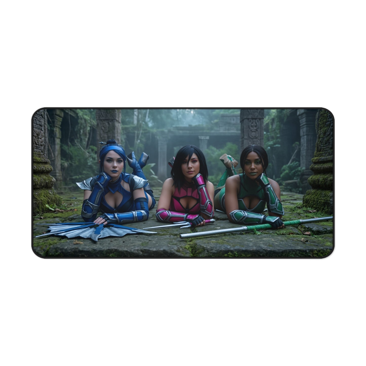 Kitana Jade Mileena Gaming Mouse Pad, Mortal Kombat Desk Mat, Edenian Fighters Setup — trio portrait desk mat showing Kitana, Jade, and Mileena in Edenian ruins