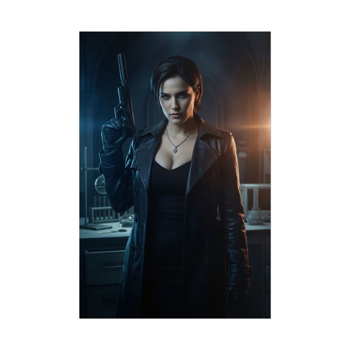 Alex Wesker Poster, Resident Evil Art Print – Iconic Villain Wall Art: moody portrait of Alex Wesker holding a pistol in a dark lab, premium gaming room art