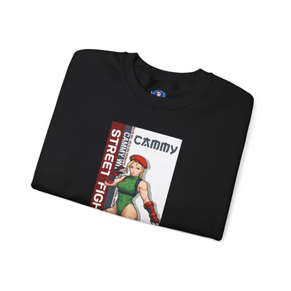 Cammy Sweatshirt, Street Fighter Crewneck, Classic Fighting Game Apparel for Fans — black crewneck with Cammy artwork and green color theme