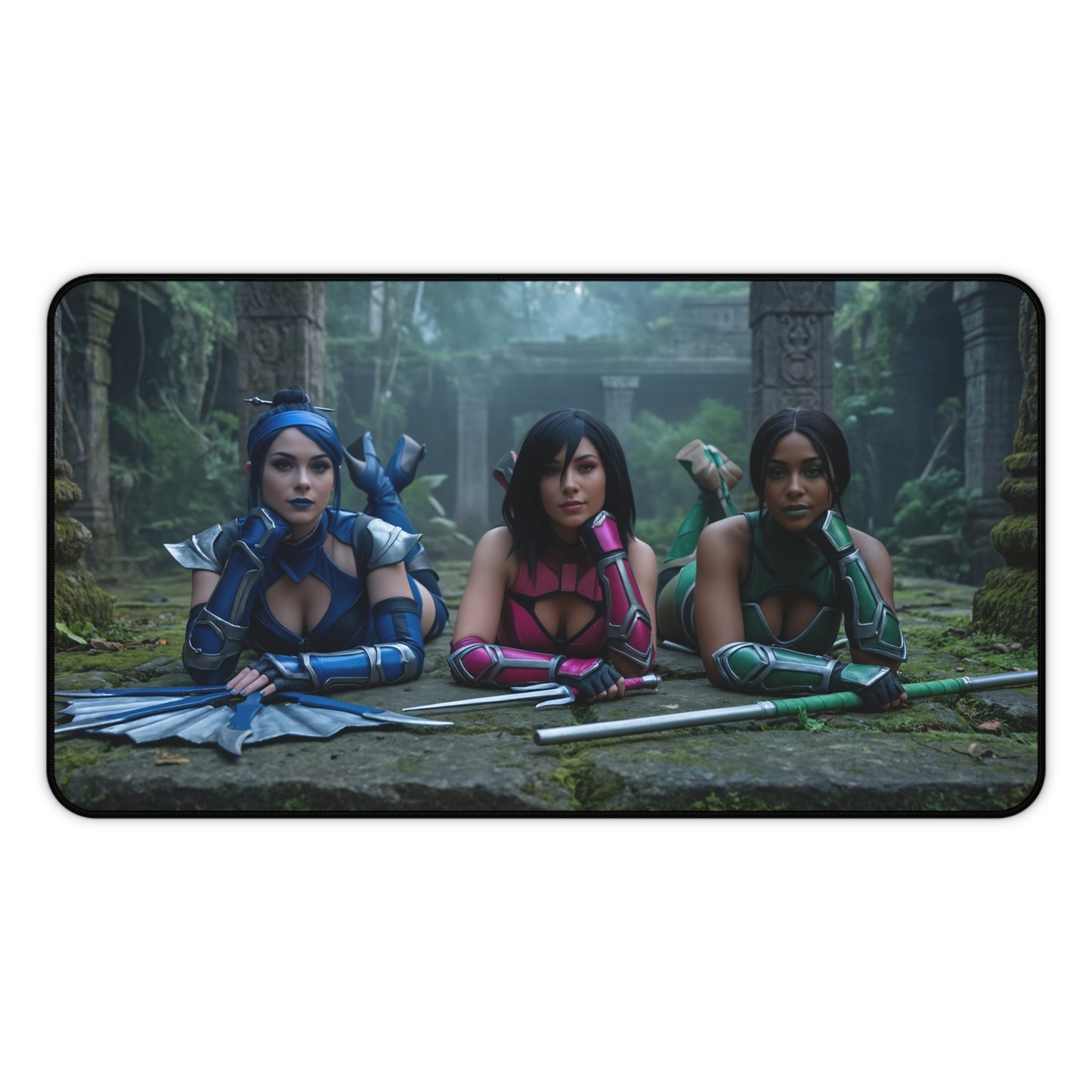 Kitana Jade Mileena Gaming Mouse Pad, Mortal Kombat Desk Mat, Edenian Fighters Setup — trio cosplay desk mat with Kitana, Jade, Mileena posing in forest ruins