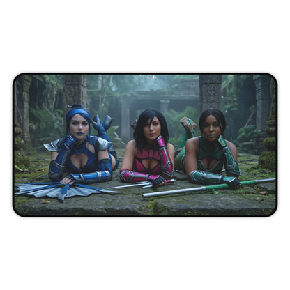 Kitana Jade Mileena Gaming Mouse Pad, Mortal Kombat Desk Mat, Edenian Fighters Setup — trio cosplay desk mat with Kitana, Jade, Mileena posing in forest ruins