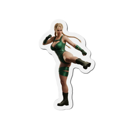 Cammy White Magnet – Street Fighter Anime Heroine Fridge Magnet, Game Decor die-cut vinyl fridge magnet showing Cammy in green outfit kicking