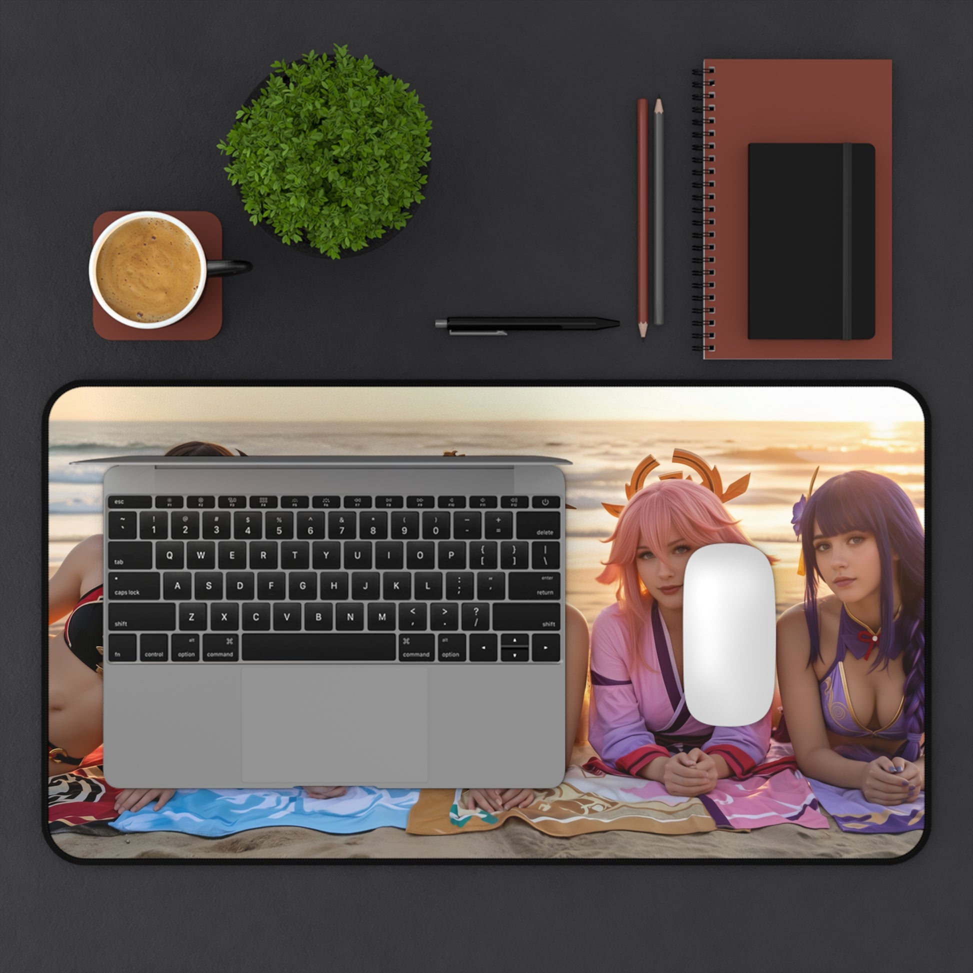 Genshin Impact Girls Gaming Mouse Pad, Anime RPG Desk Mat, Fantasy Heroine Setup beach scene desk mat with two heroines under laptop and mouse