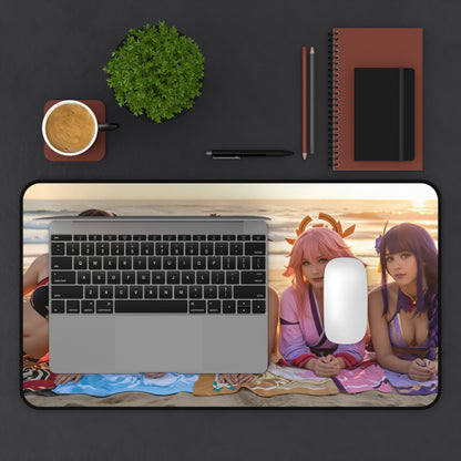 Genshin Impact Girls Gaming Mouse Pad, Anime RPG Desk Mat, Fantasy Heroine Setup beach scene desk mat with two heroines under laptop and mouse