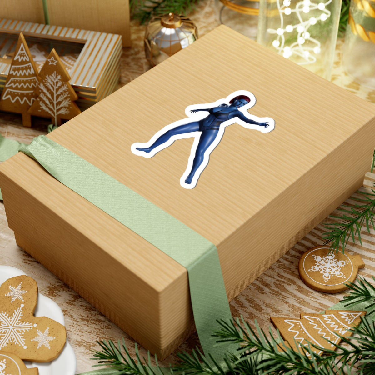 Mystique Sticker – Comic Character Vinyl Sticker for Laptops & Indoor Decor on gift box, glossy durable vinyl decal with bold comic-style character artwork