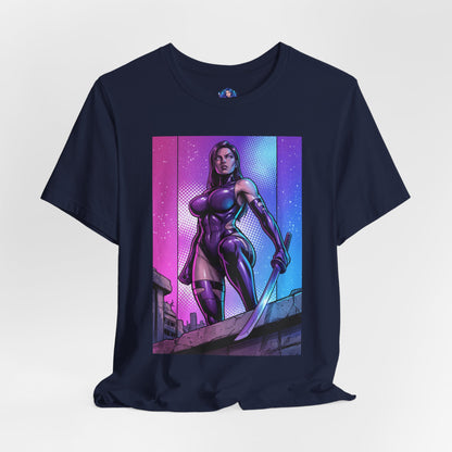 Alt Tag: Psylocke T-Shirt | X-Men Anime Style Comic Tee bold comic illustration of Psylocke in bodysuit holding blade on split-color backdrop