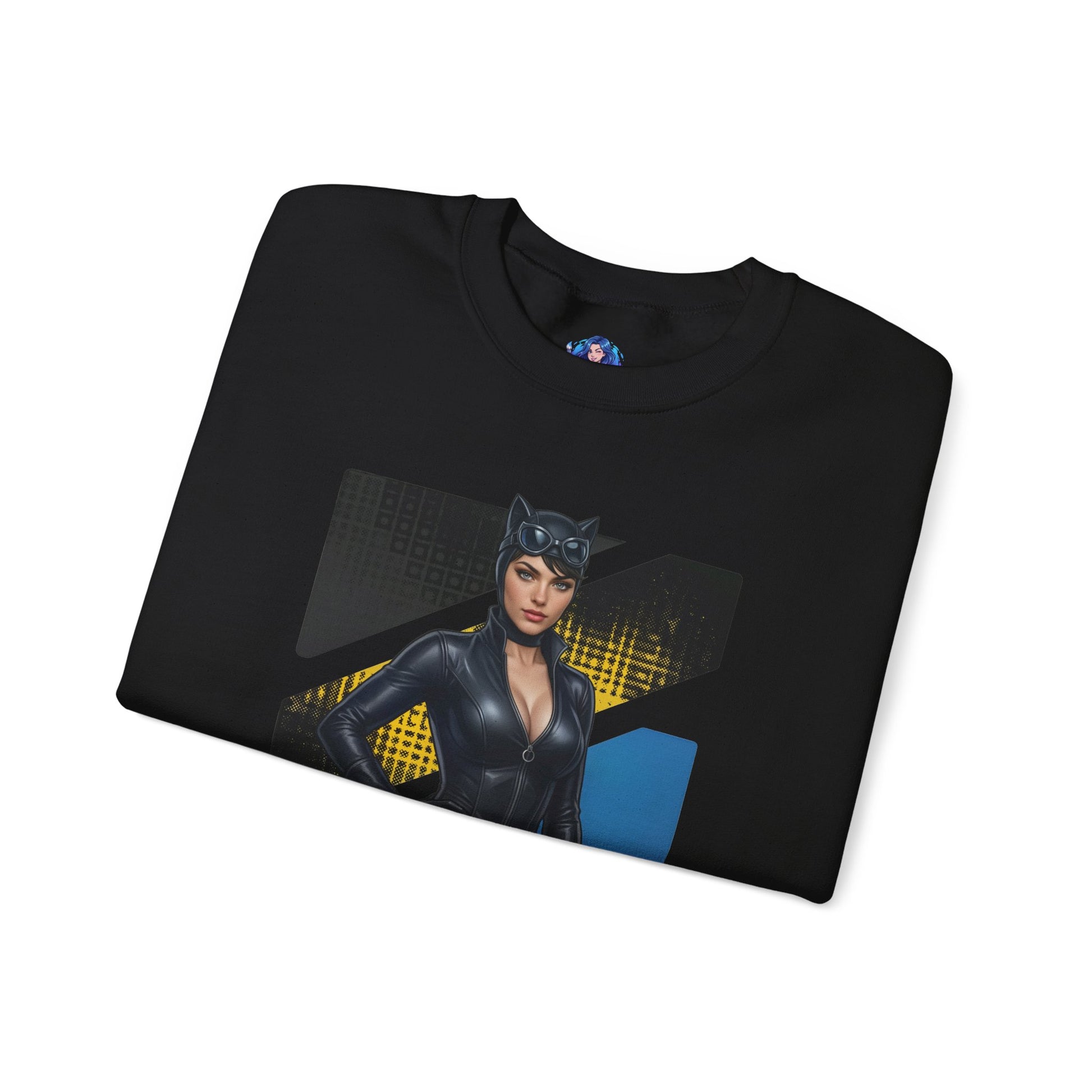 Catwoman Sweatshirt, DC Comics Crewneck, Sleek Superhero Apparel for Fans — folded black crewneck with Catwoman graphic