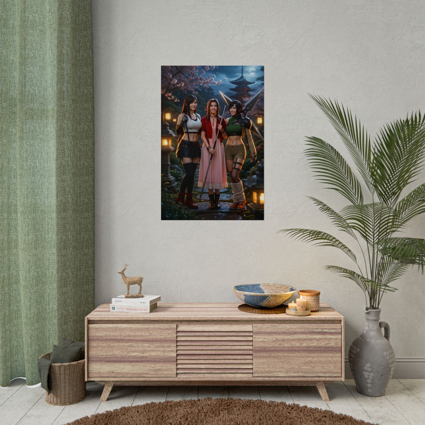 Tifa Aerith and Yuffie Final Fantasy Poster – Iconic RPG Heroines Wall Art framed on a modern living room wall
