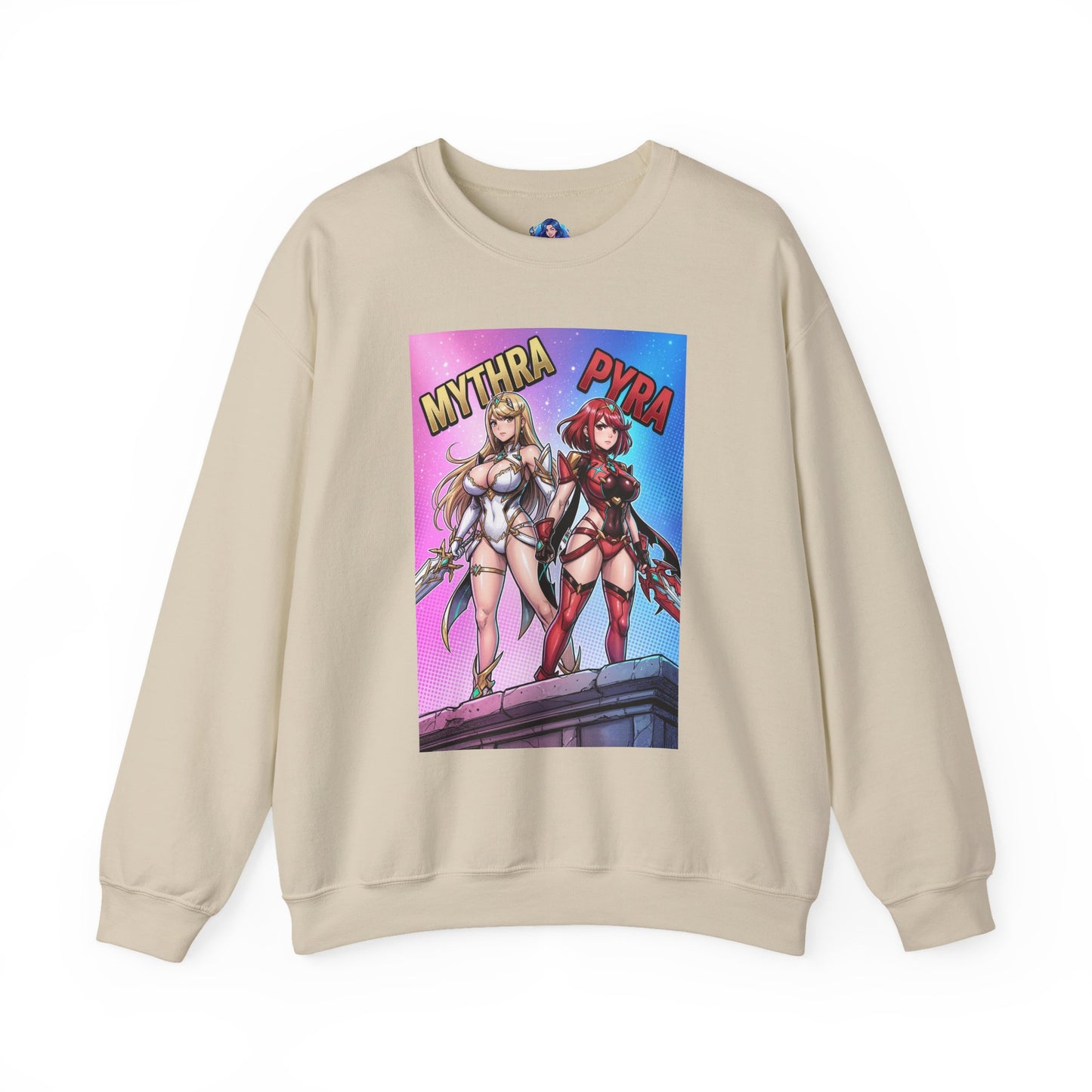 Mythra and Pyra Sweatshirt, Fantasy RPG Crewneck, Anime-Inspired Fan Apparel — beige crewneck with vibrant Mythra and Pyra artwork showing radiant elegance and fiery strength