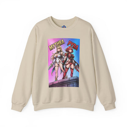 Mythra and Pyra Sweatshirt, Fantasy RPG Crewneck, Anime-Inspired Fan Apparel — beige crewneck with vibrant Mythra and Pyra artwork showing radiant elegance and fiery strength