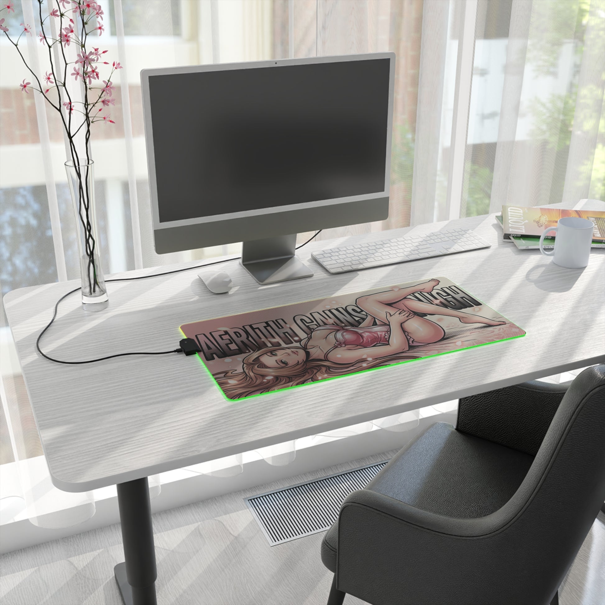 Aerith Gainsborough RGB Desk Mat, Final Fantasy Gaming Mouse Pad, LED Desk Mat showing anime heroine artwork with green RGB glow on white desk