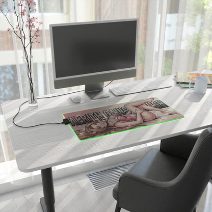 Aerith Gainsborough RGB Desk Mat, Final Fantasy Gaming Mouse Pad, LED Desk Mat showing anime heroine artwork with green RGB glow on white desk