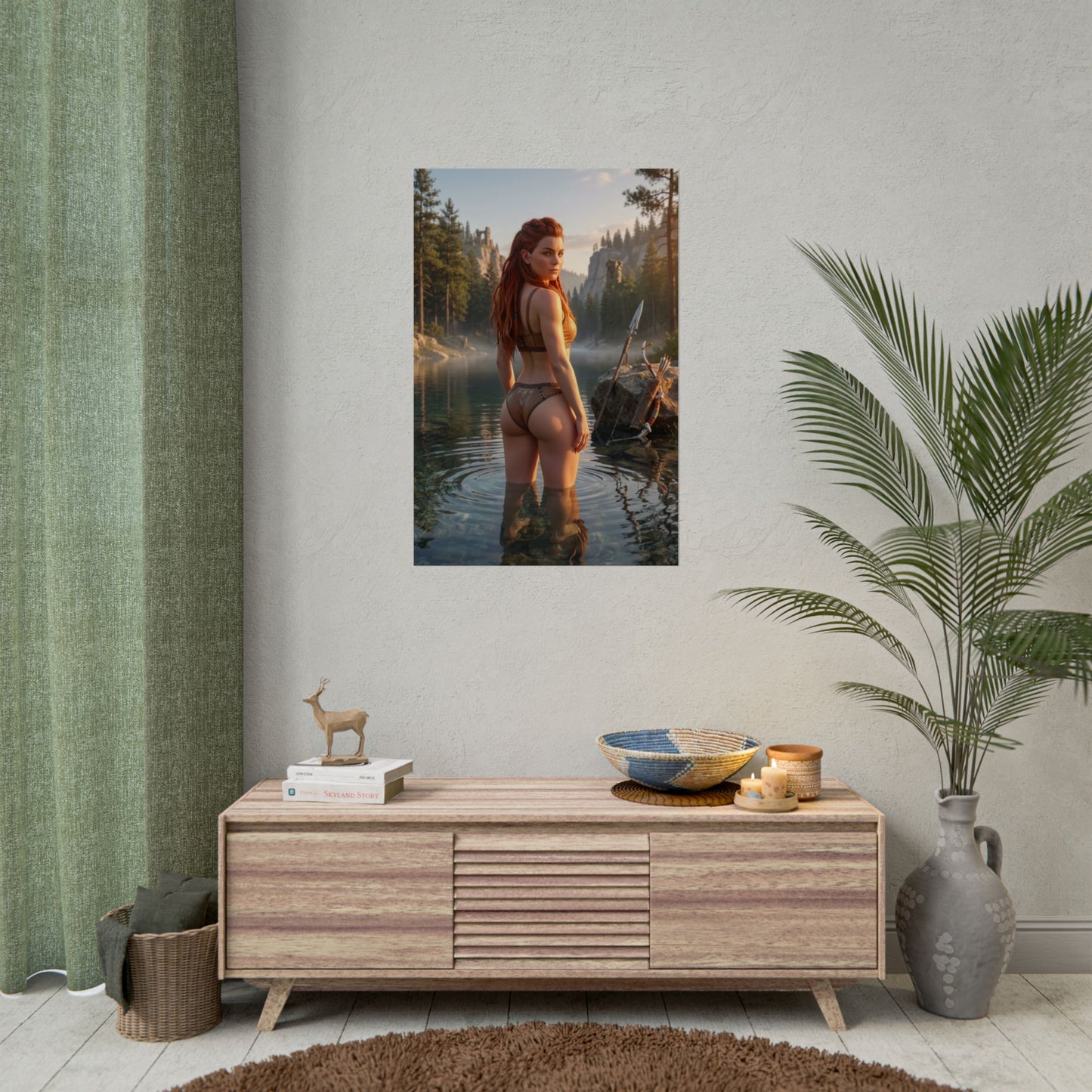 Horizon Poster – Aloy Art Print, Adventure Game Wall Art: cinematic Aloy poster over console in nature-inspired gaming room