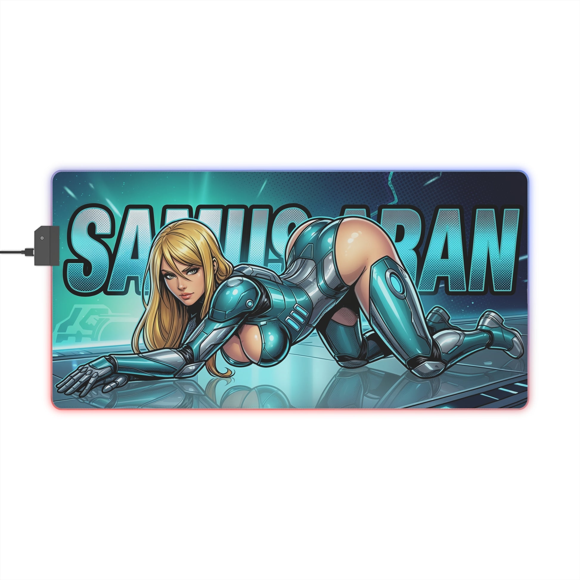 Samus Aran RGB Desk Mat, Futuristic Gaming Mouse Pad, LED Desk Mat for Gamer Setup – sci‑fi armor artwork, glowing accents, smooth cloth surface, non‑slip base