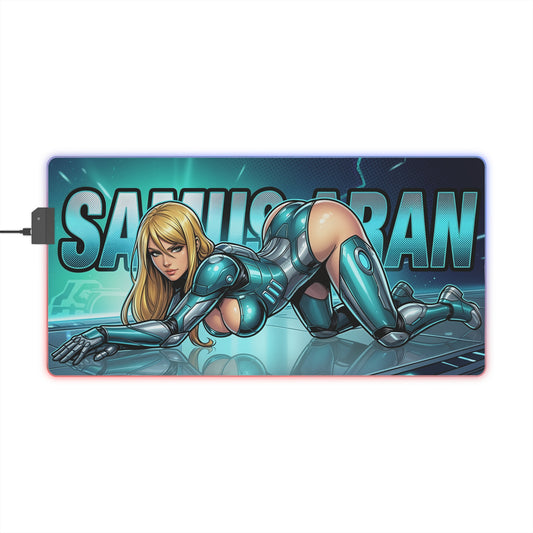 Samus Aran RGB Desk Mat, Futuristic Gaming Mouse Pad, LED Desk Mat for Gamer Setup – sci‑fi armor artwork, glowing accents, smooth cloth surface, non‑slip base