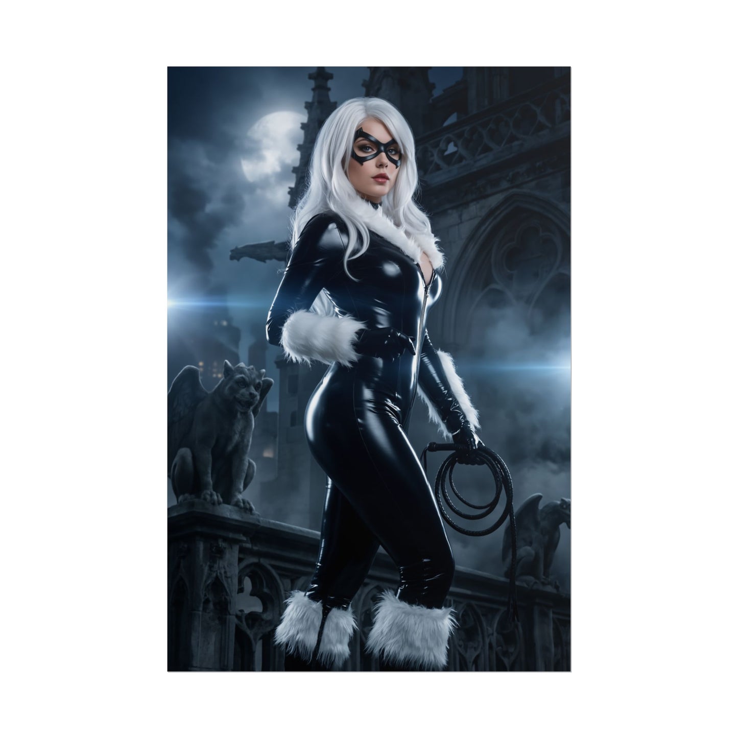 Black Cat Poster, Marvel Art Print – Classic Comic Book Wall Decor showing Black Cat in glossy suit on gothic rooftop, perfect for gaming or streaming rooms